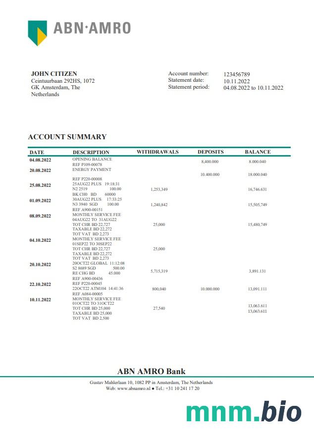 Netherlands ABN AMRO Bank statement XLS